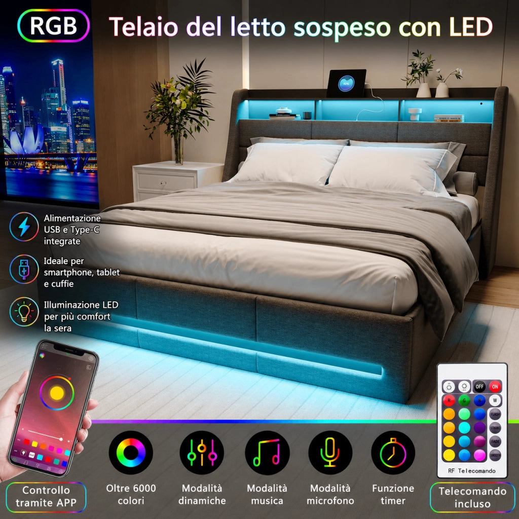 Letto matrimoniale con contenitore idraulico 140×200 cm, tessuto grigio, effetto sospeso LED RGB, testiera con vani, ricarica USB e USB‑C