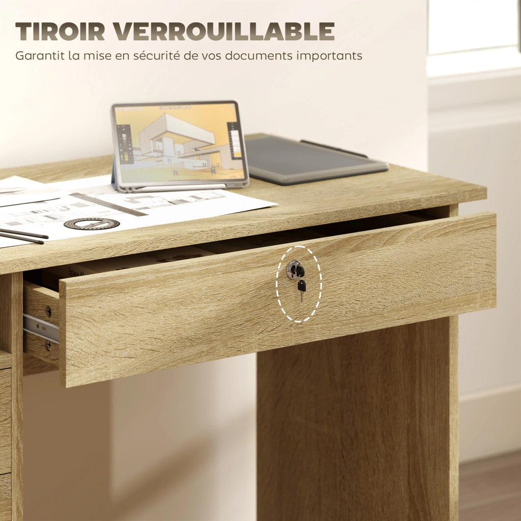 Scrivania moderna con 5 cassetti, piano grande, ripiano aperto, cassetto con serratura ¨C zephmum ¨C quercia 110x50x76cm