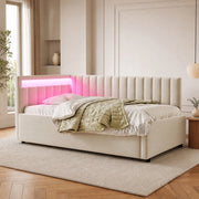 Letto imbottito 90x200 con LED, contenitore idraulico e rete a doghe
