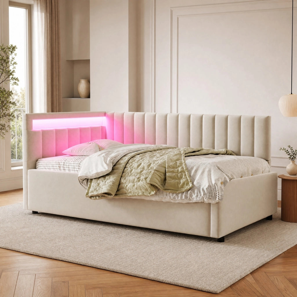 Letto imbottito 90x200 con LED, contenitore idraulico e rete a doghe