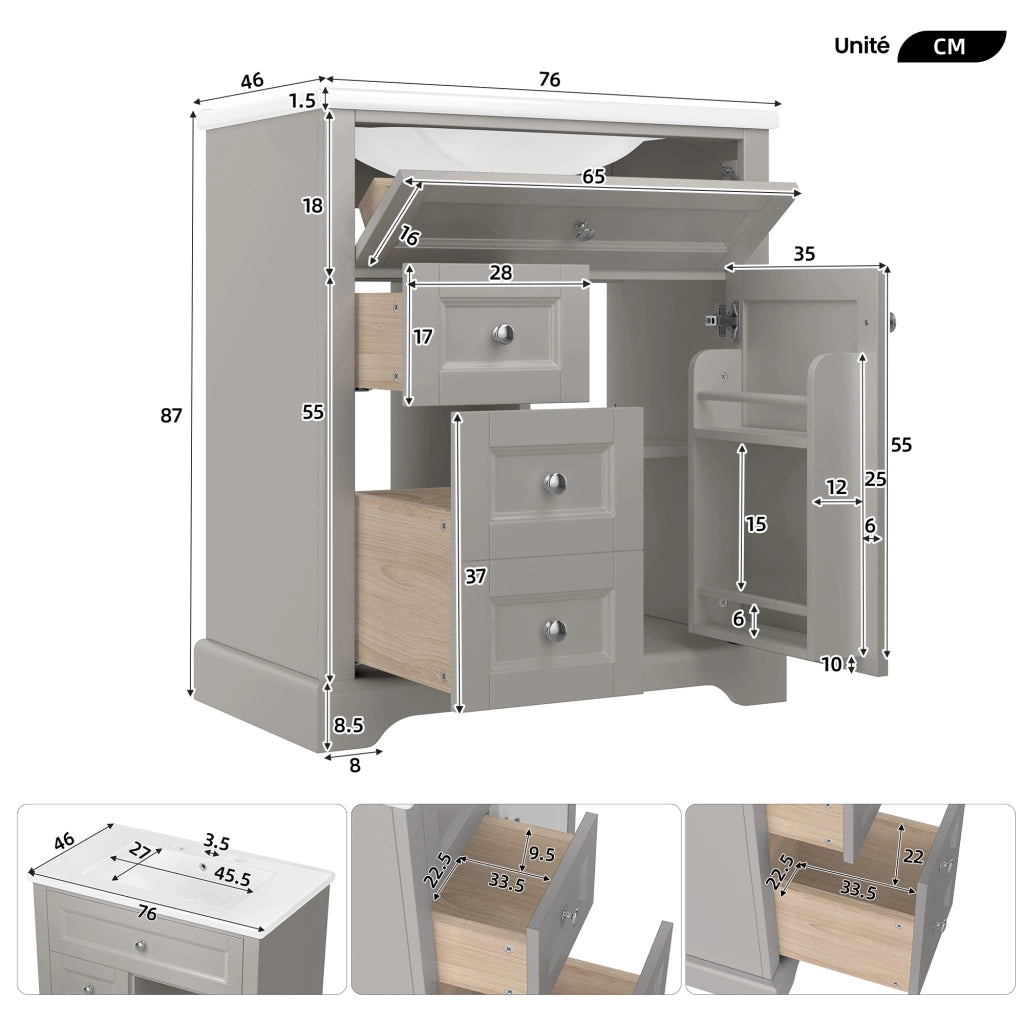 Mobile sottolavabo con lavabo in ceramica, 1 anta, 3 cassetti e ripiani, per bagno, grigio, 76 × 46 × 87 cm