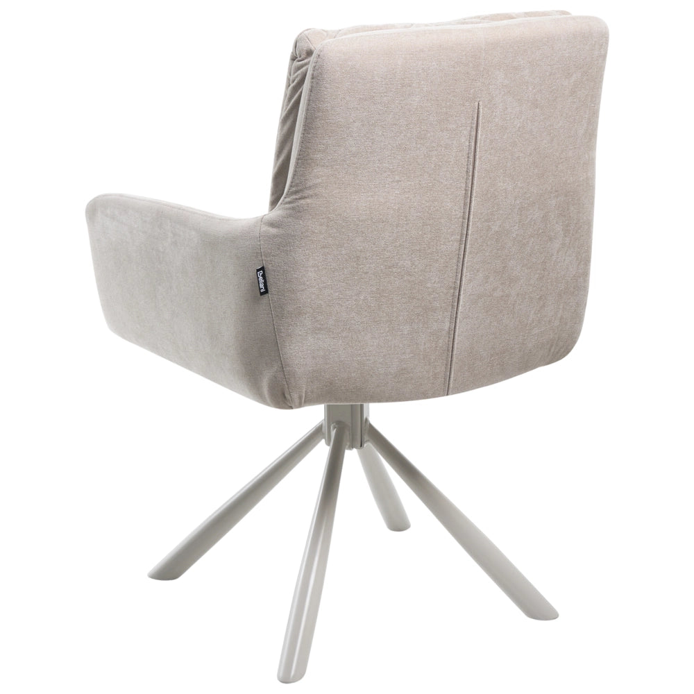 Set di 2 sedie girevoli da pranzo in tessuto beige con braccioli, schienale trapuntato e gambe in metallo, stile retrò-contemporaneo