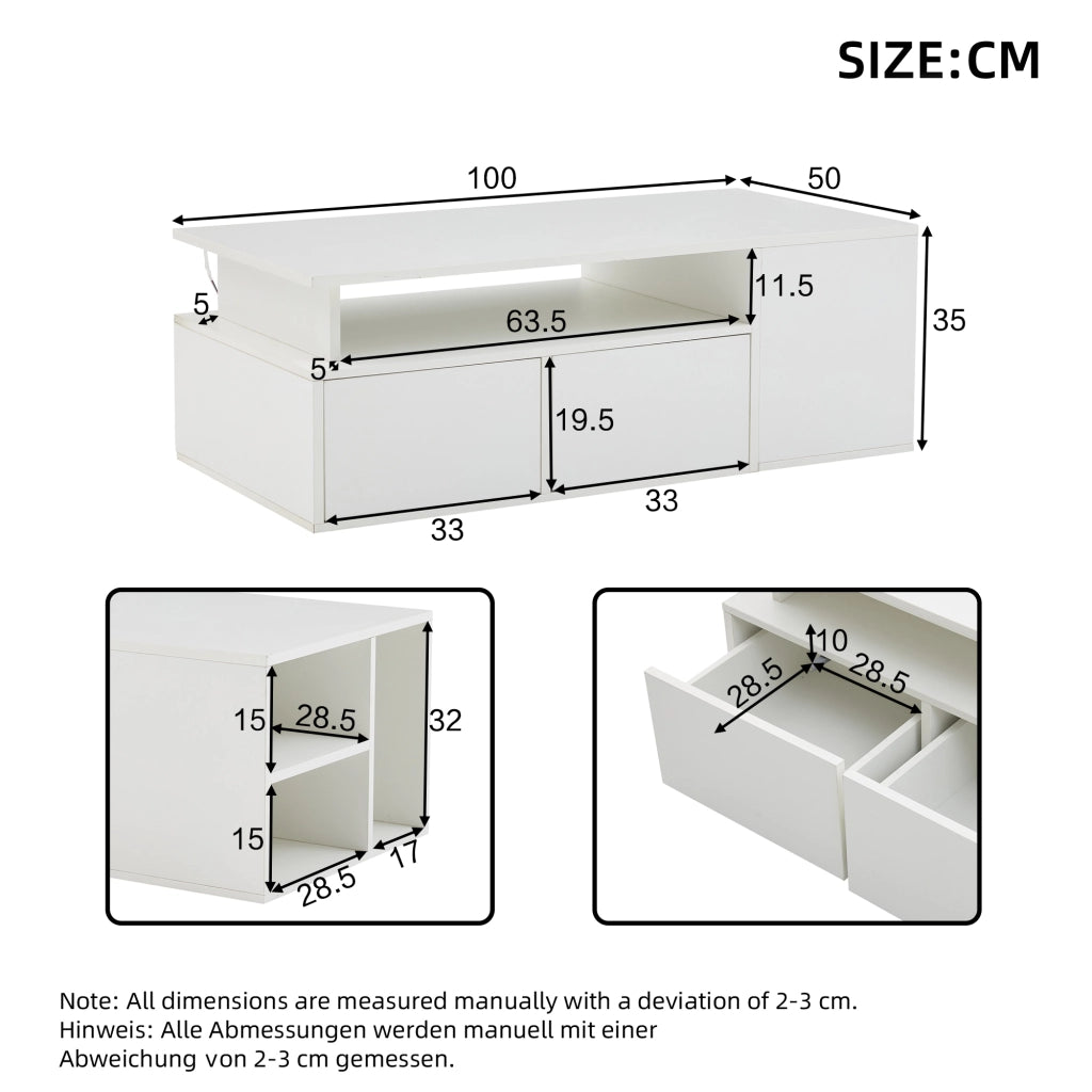 TAVOLINO DA SALOTTO 100x50x35 cm Bianco Lucido con LED e 2 Cassetti