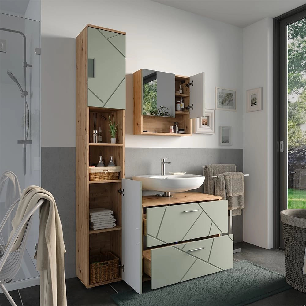 Set di mobili da bagno Irma, Verde salvia, 80 cm, composto da mobile sottolavabo, specchiera e colonna alta