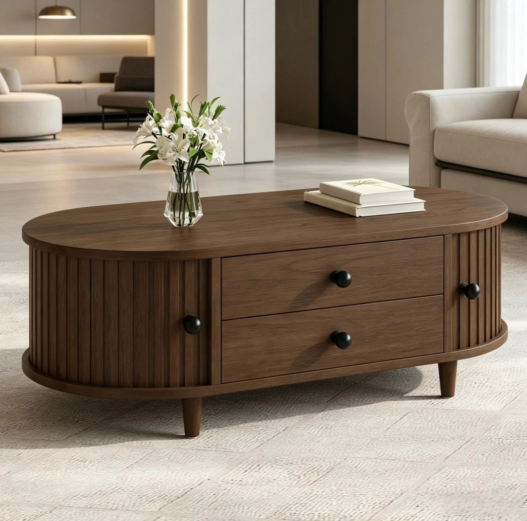 Tavolino da salotto rotondo 100x50x36 cm effetto noce; in MDF con 2 cassetti e ante scorrevoli