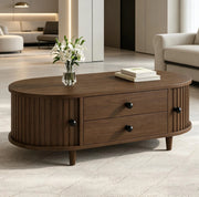Tavolino da salotto rotondo 100x50x36 cm effetto noce; in MDF con 2 cassetti e ante scorrevoli