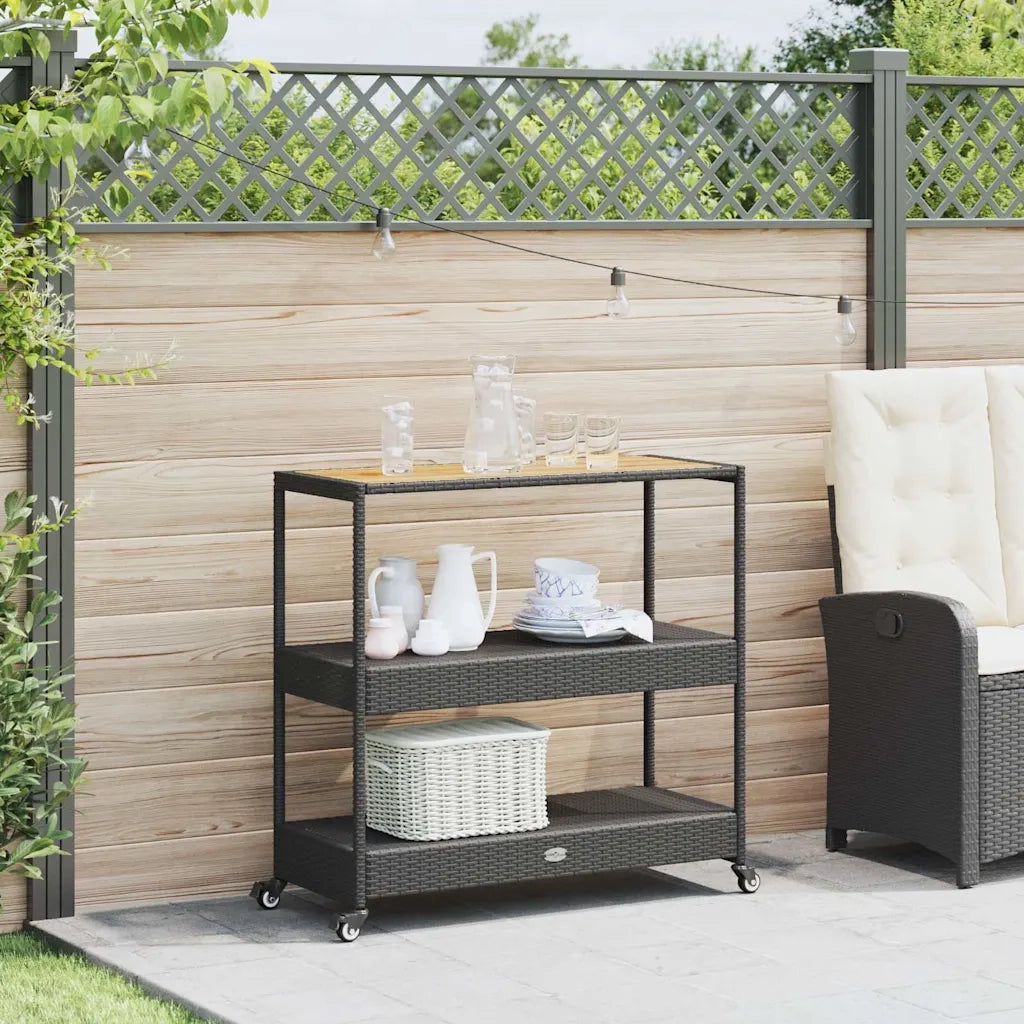 Carrello da Bar 3 Livelli Nero in Polyrattan e Legno Acacia CFW5074030