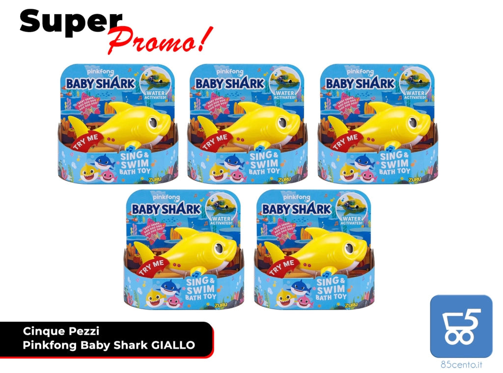 Promo 5 Pezzi Pinkfong Baby Shark Giocattolo da Bagno Canta e Nuota a Batteria Giallo per Bambini +18 Mesi, Nuota per Davvero! Rivenditore