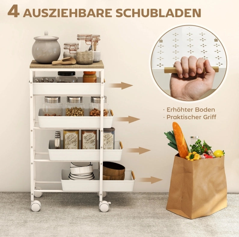 Carrello cucina bianco a 5 livelli con 4 cassetti