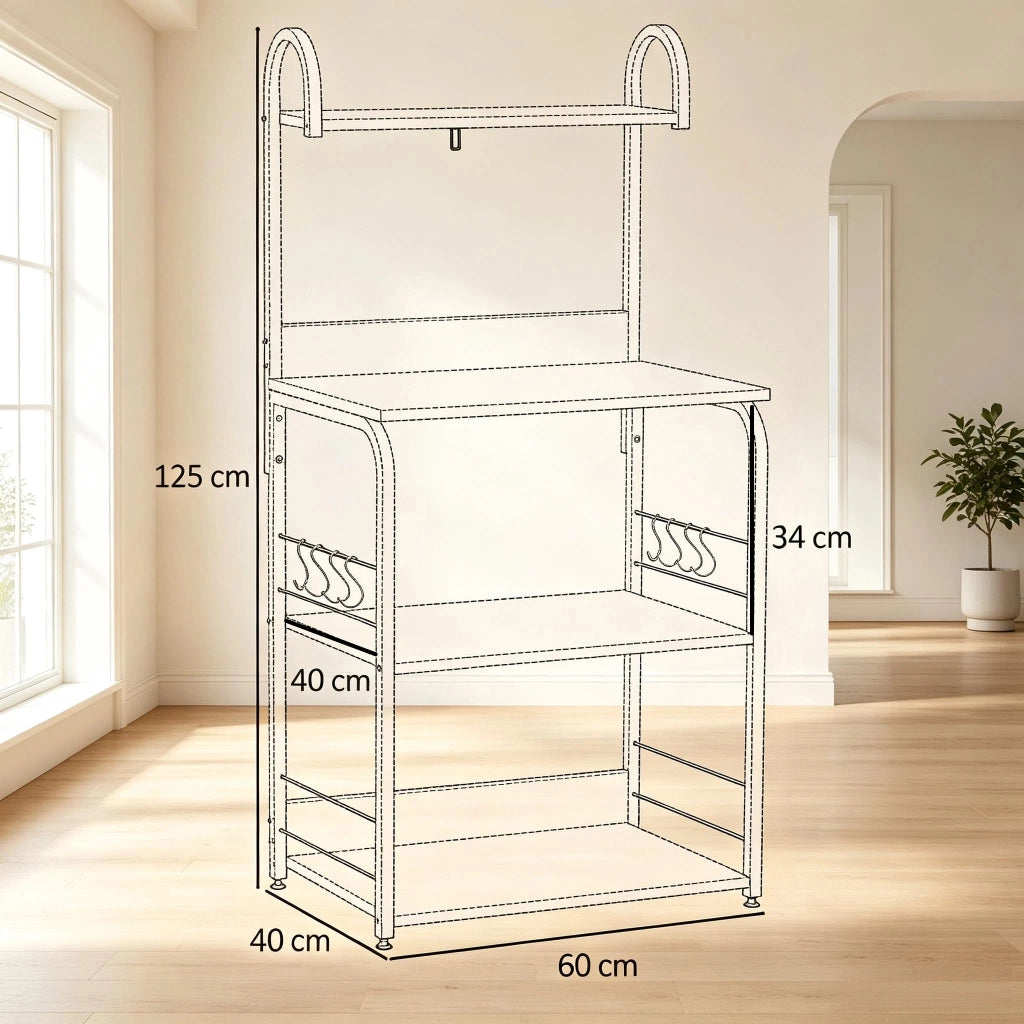 SCAFFALE DA CUCINA 60x40x125 cm Legno naturale e nero con 4 ripiani e 4 ganci