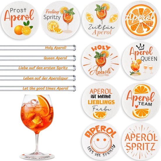 15 pezzi di sottopanchina Aperol in velluto e vetro, regalo Aperol Spritz, sottopanchina in vetro riciclabile con canne di bambù rotonde, decorazione Aperol per gli amanti di Aperol, decorazione da tavola estiva (bianca)