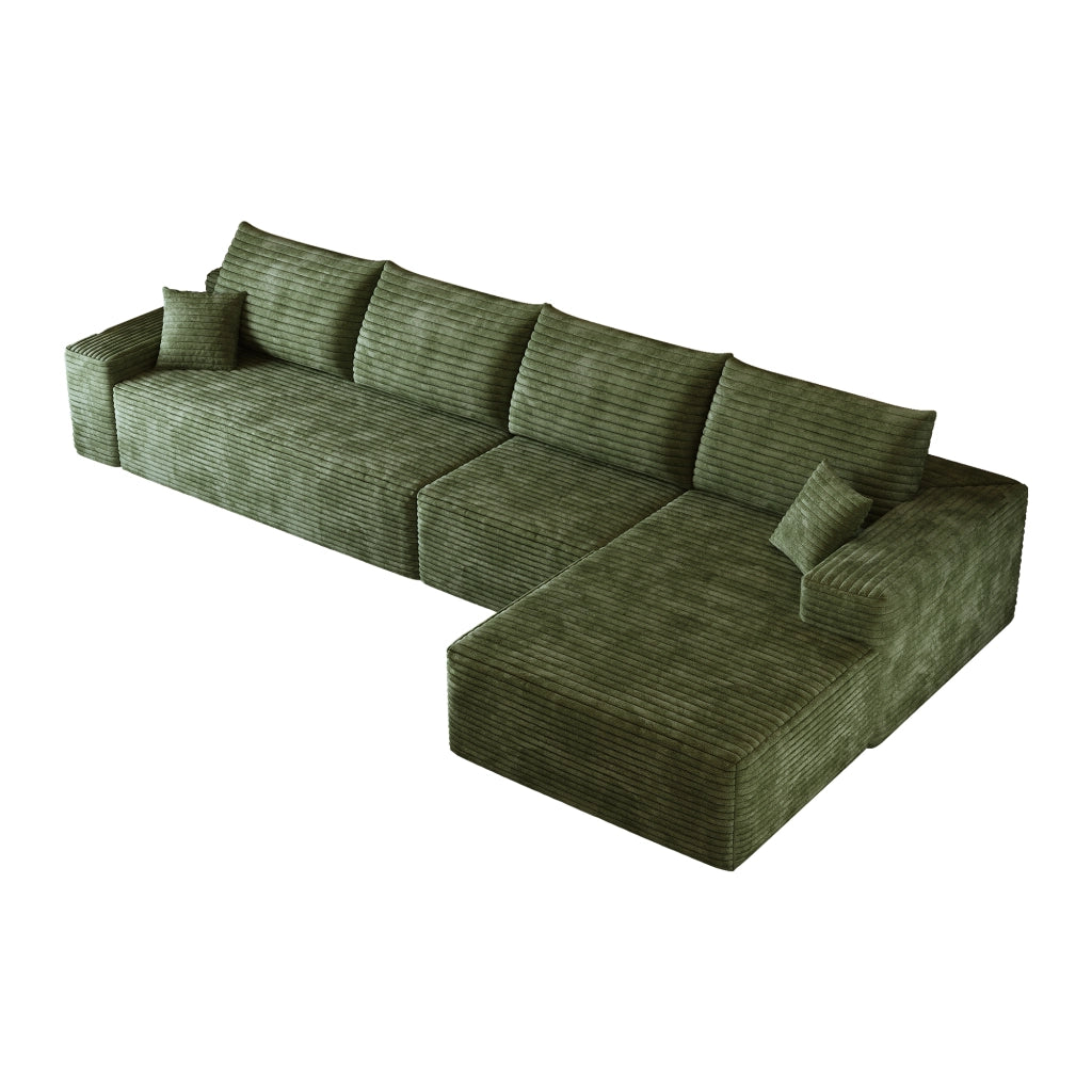 Divano modulare angolare con chaise longue e seduta profonda in tessuto verde