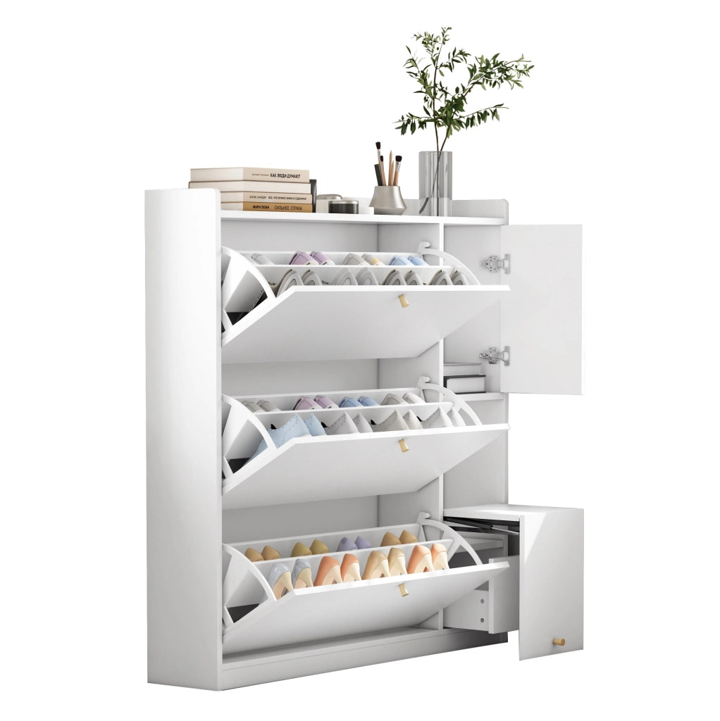 Scarpiera 119x24x122 cm con 3 cassetti a ribalta e panca richiudibile; pannello truciolare bianco