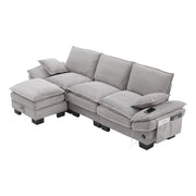 Divano modulare 3 posti con pouf contenitore e tasche laterali in corduroy grigio chiaro