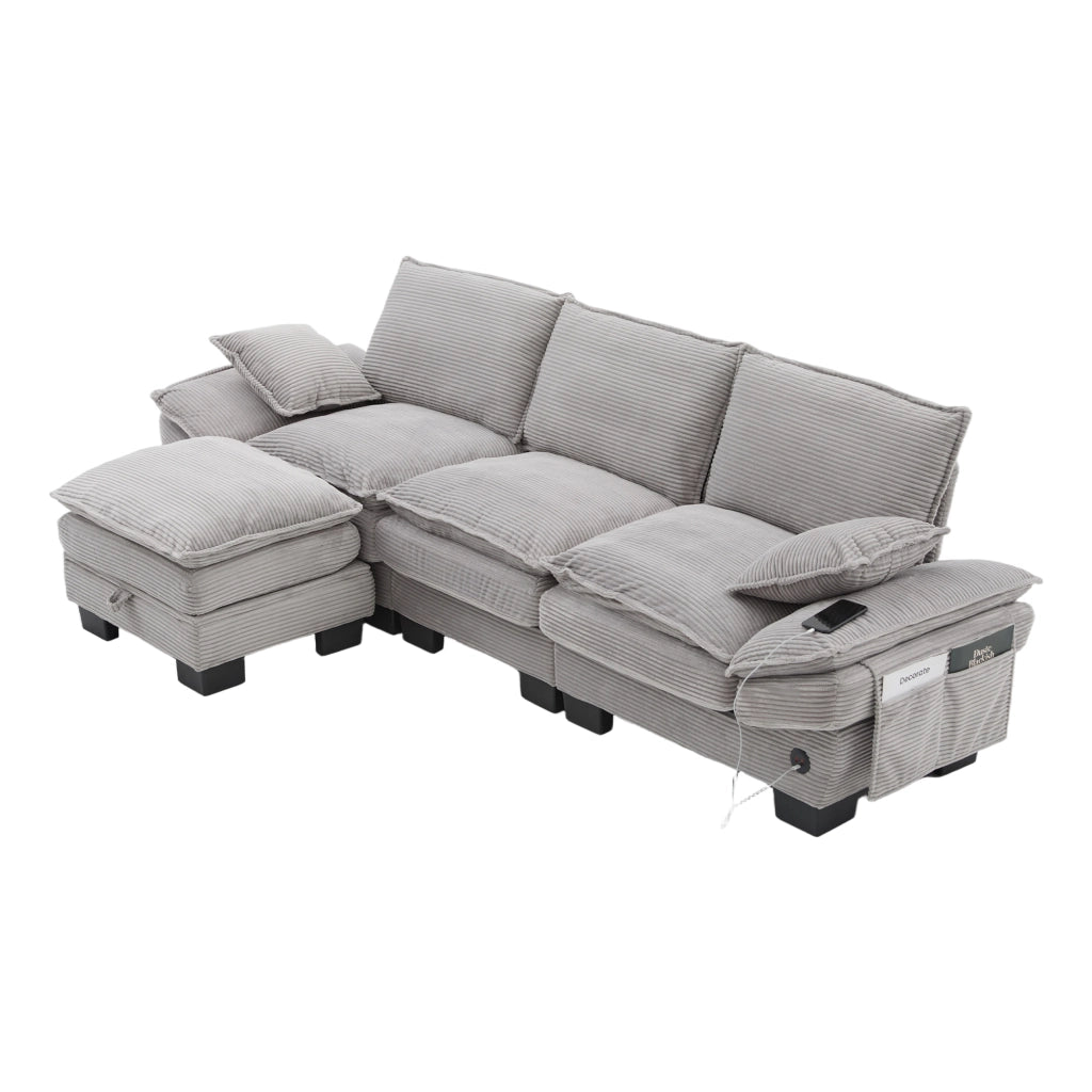 Divano modulare 3 posti con pouf contenitore e tasche laterali in corduroy grigio chiaro