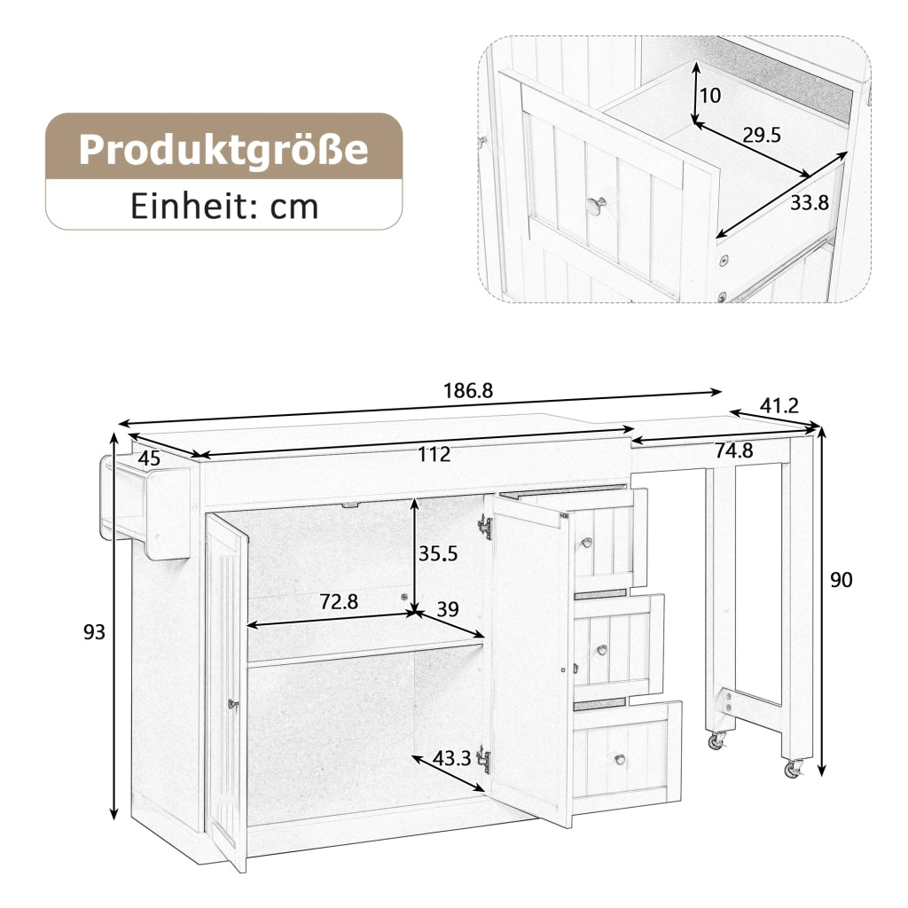 Carrello da cucina con piano estraibile, 3 cassetti, ripiani regolabili e portaspezie per cucina e pranzo, in MDF e PB, nero