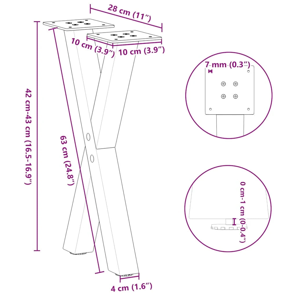 Set di 2 gambe per tavolino da caffè a forma di X con piedini regolabili 28 x 42 cm acciaio nero 02_0057163