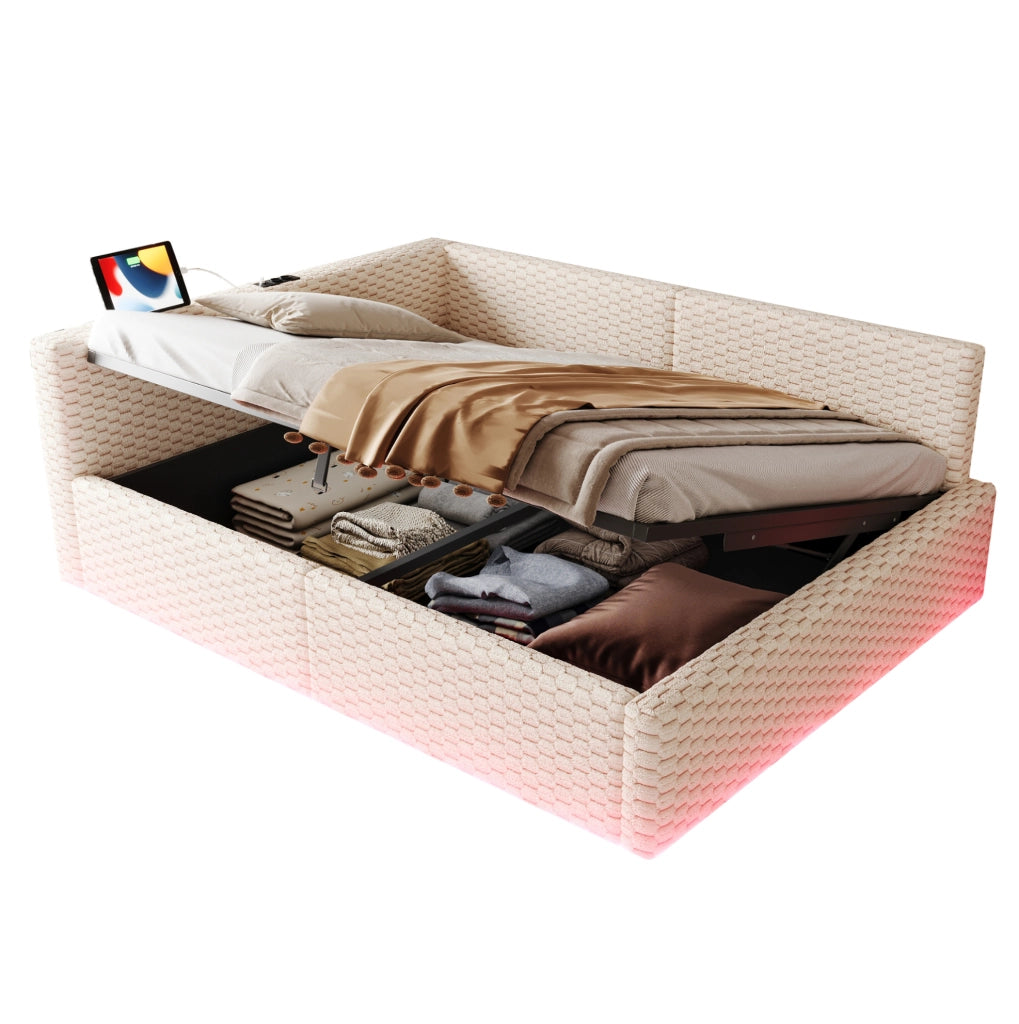 Letto imbottito 140x200 cm in velluto beige con contenitore; LED e porte USB Type-C