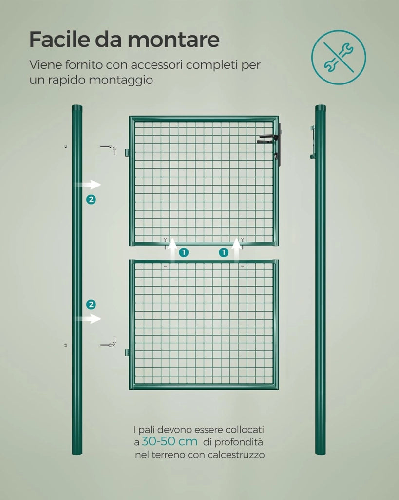 SONGMICS Cancello da Giardino, Cancelletto da Giardino, Acciaio Zincato con Serratura, Porta di 106 x 150 cm (L x H), Tubo Tondo, Cancello per Recinzione, Verde GGD200G