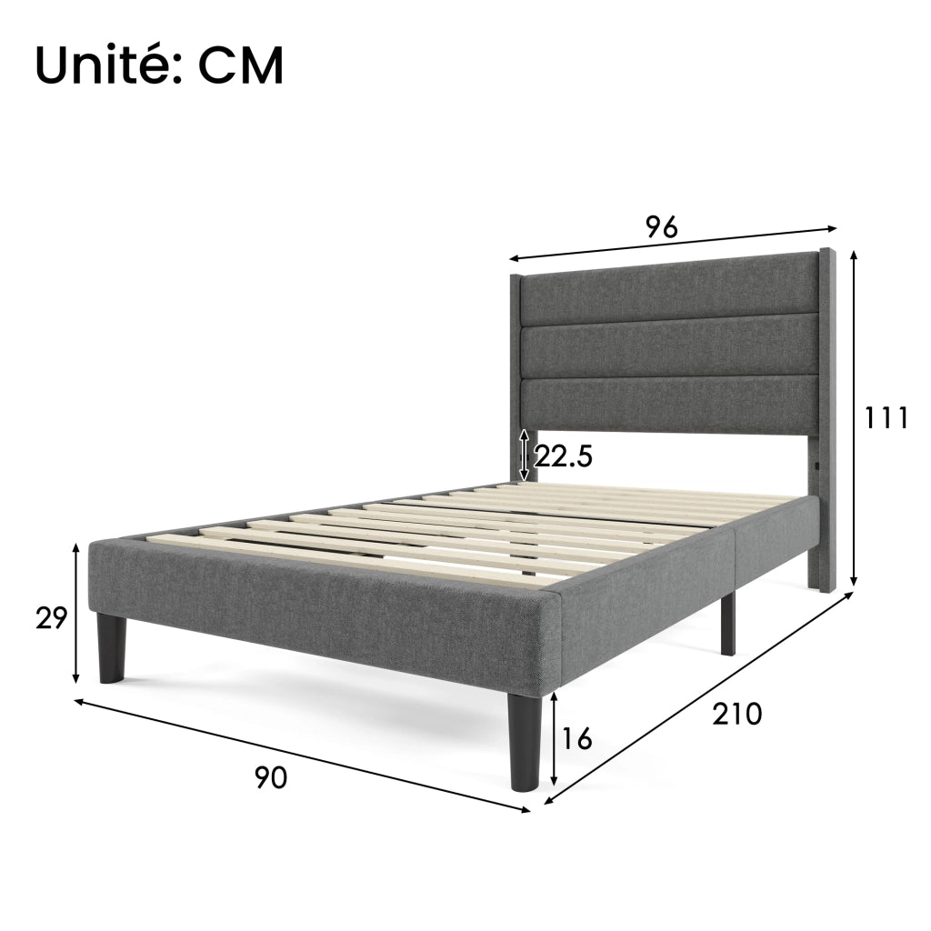 Letto Singolo 90×200 cm; 1 Posto con Testiera Imbottita; senza Materasso; in Lino; Grigio Scuro