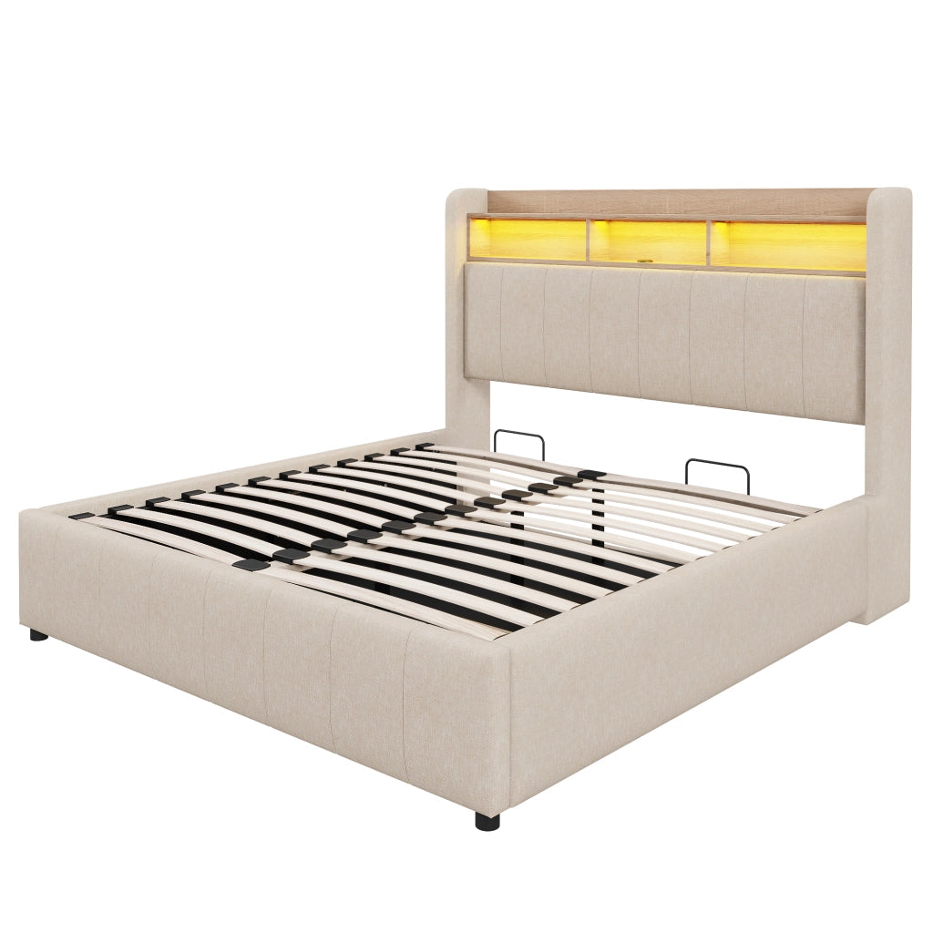 Letto imbottito 160x200 cm con contenitore; LED e prese USB/Tipo C; tessuto beige