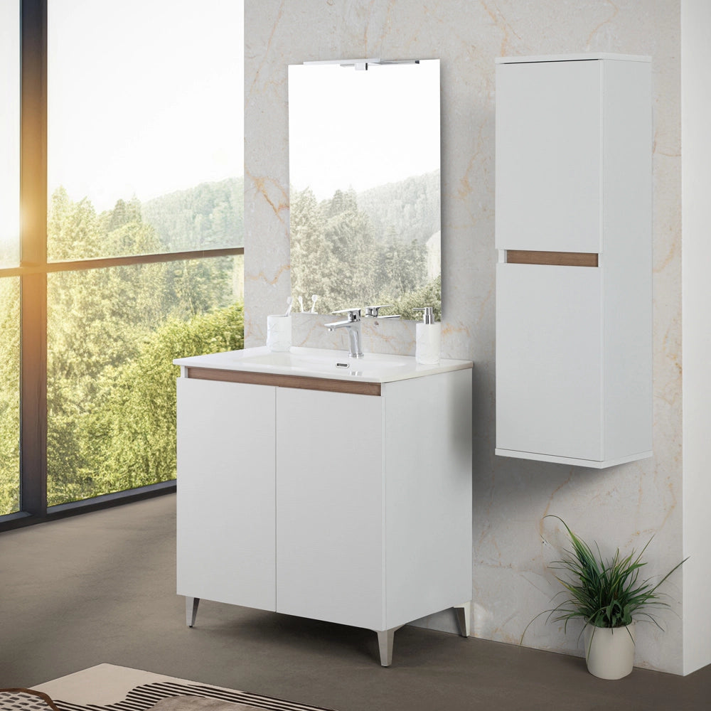 Mobile bagno a terra 80 cm bianco e rovere con 2 ante soft-close Kleo