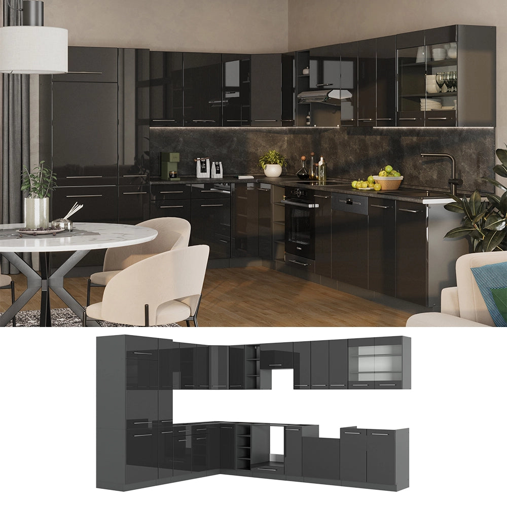 Cucina angolare completa Fame-Line Antracite lucido/Antracite 347 x 60 cm, PL Antracite Vicco