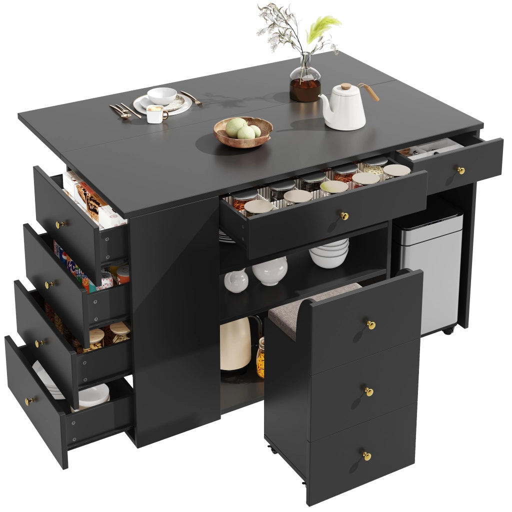 OKWISH Isola da Cucina con 6 Cassetti, 2 Ripiani Aperti, 1 Armadietto e Sgabello Contenitore con Ruote, 140 x 40 x 89 cm