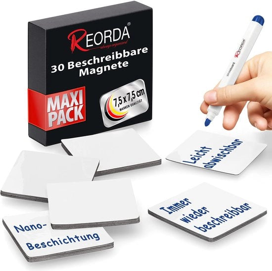 Strisce magnetiche descrittive - 30 strisce descrittive - 7,5 x 7,5 cm (Bianco) - Magnetici descrittivi per lavagne bianche, tavole Kanban, lavagne magnetiche o come magnetici descrittivi per il frigorifero