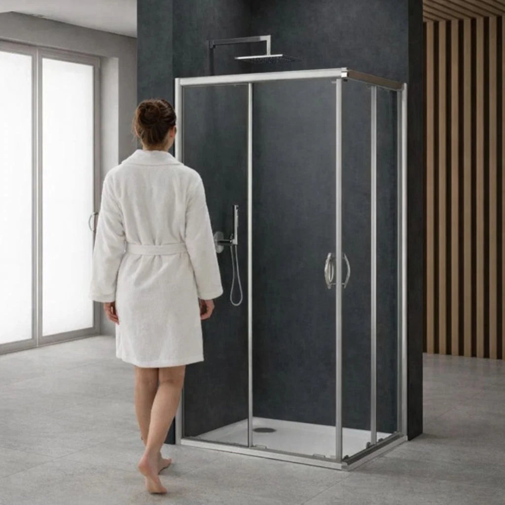 Cabina doccia angolare con ante scorrevoli in cristallo temprato 6 mm cromato *** misure 77-80x77-80xh190 cm, confezi...