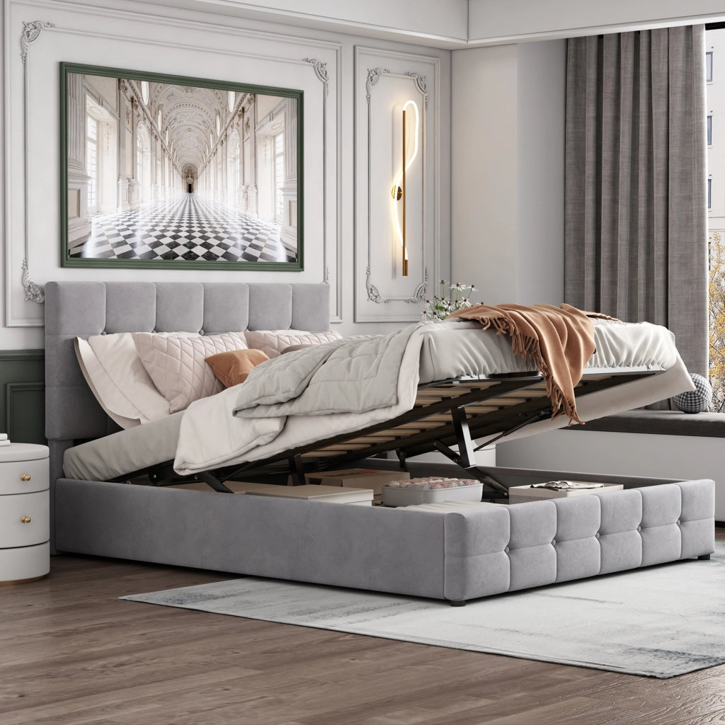 LETTO Contenitore 140x200 cm in Velluto Grigio con rete a doghe