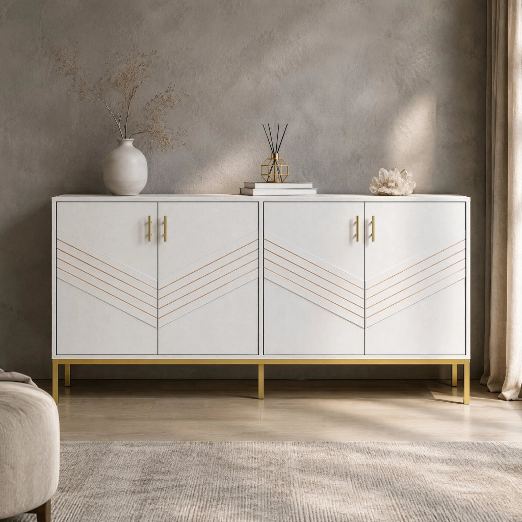 Credenza a 4 ante con ripiani regolabili in MDF bianco e effetto legno, per soggiorno e sala da pranzo, 160 × 40 × 80,5 cm