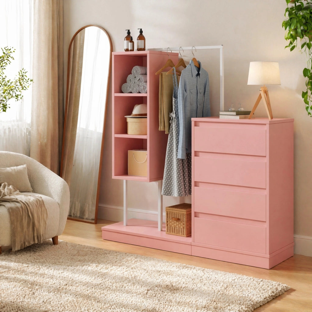 Armadio con cassetti e barra appendiabiti 140x40x135 cm rosa e bianco