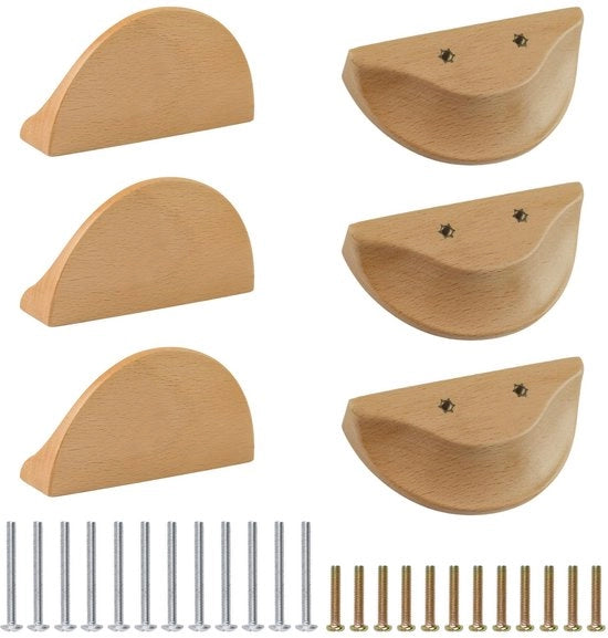 Maniglie per carico 100 mm - Mezza luna in legno - 6 pezzi - Duraturo legno di betulla - Facili e comodi da utilizzare - Stile classico di arredamento - Maniglie per cassetta