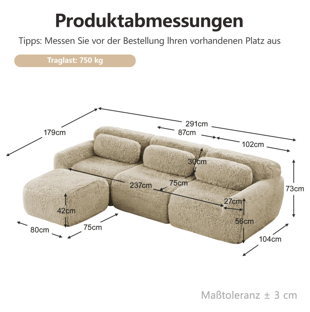 Divano modulare angolare a L 291x179x73 cm in tessuto plush light khaki; senza montaggio