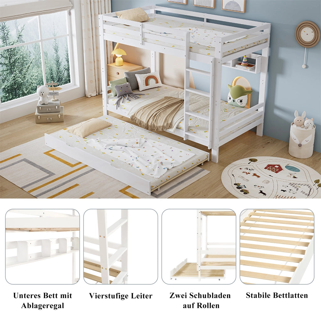 Letto a castello con ripiani in legno massiccio e MDF 90x200 cm