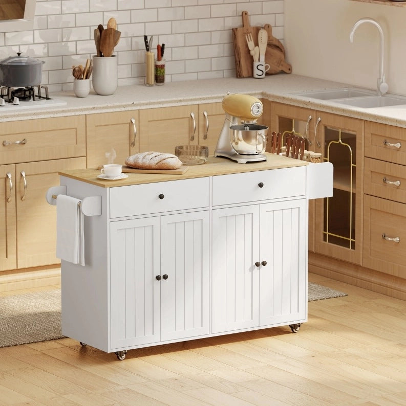 Isola da cucina mobile bianca con 2 cassetti, 2 armadietti e ripiani per cucina ordinata