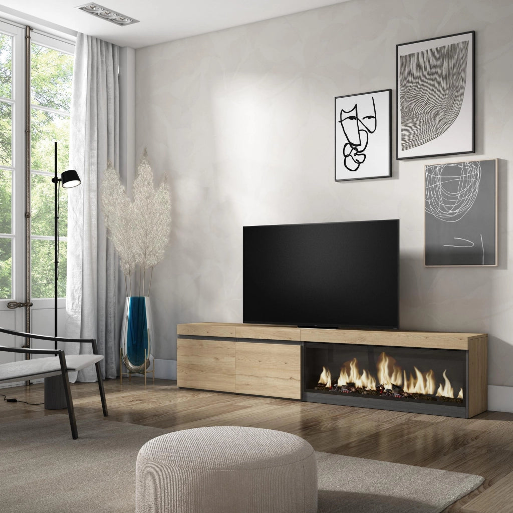 Mobile TV Soggiorno, 208x35x45cm, Per TV fino a 80", Camino elettrico XXL, colore Rovere RF3275