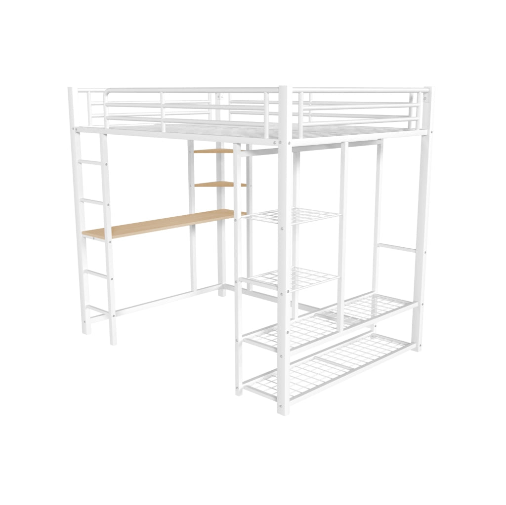 Letto a soppalco in metallo bianco 140x200 cm con scrivania; armadio e ripiani