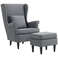 Poltrona per Salotto in Tessuto con Pouf Poggiapiedi, Schienale Alto e Cuscino, 75x83x104 cm, Grigio