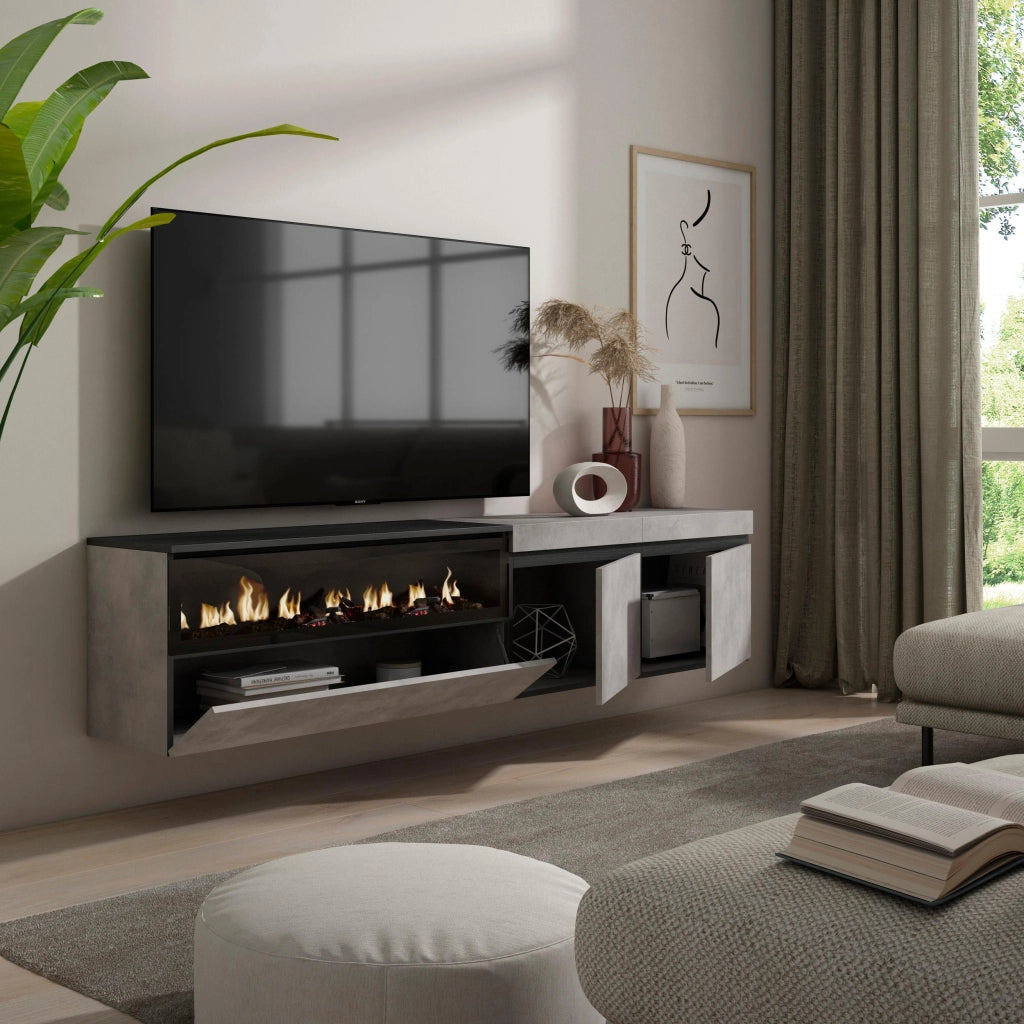 Mobile TV, 200x35x45cm, soggiorno, Per TV fino a 80", Camino elettrico, da appendere, grigio cemento RF2237