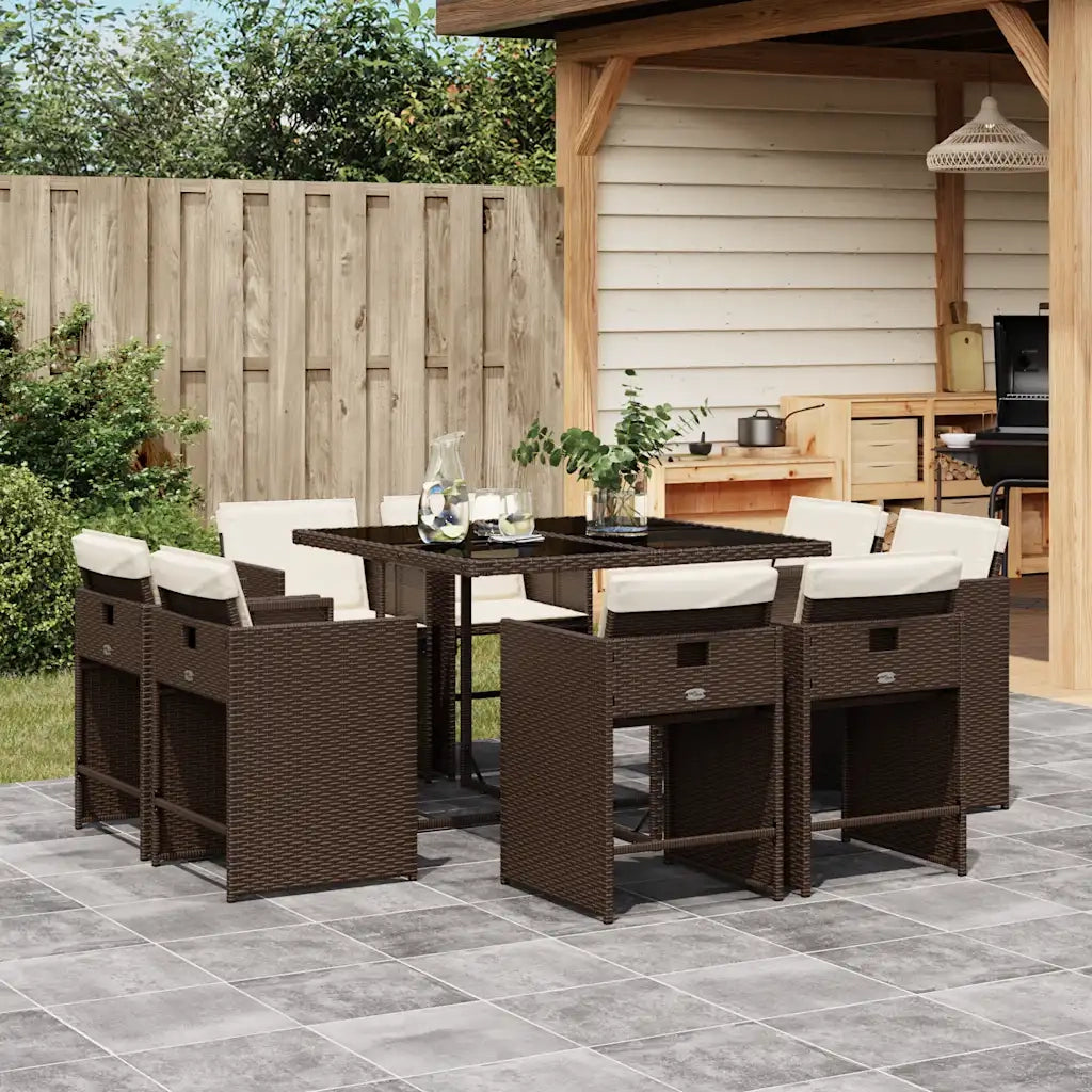 Set da Pranzo da Giardino 9pz | Set Salotto da Giardino con Cuscini Marrone in Polyrattan