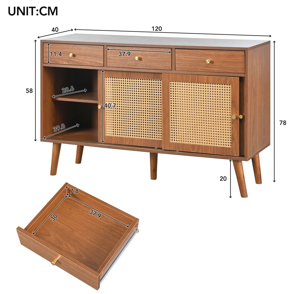 SIDEBOARD 120x40x78 cm 3 cassetti 3 porte in MDF colore walnut FSC®