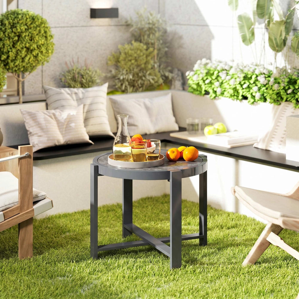 Tavolino da giardino rotondo in alluminio con piano effetto marmo grigio ¨C zephmum ¨C diametro 60 cm