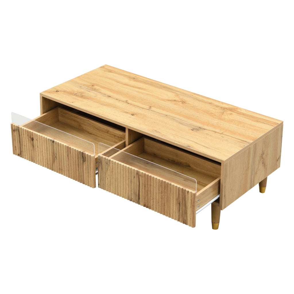 OKWISH Tavolino da Salotto Moderno con 2 Cassetti, LED Multicolore, Frontali Ondulati, per Soggiorno, MDF, Legno, 110 × 50 × 40 cm