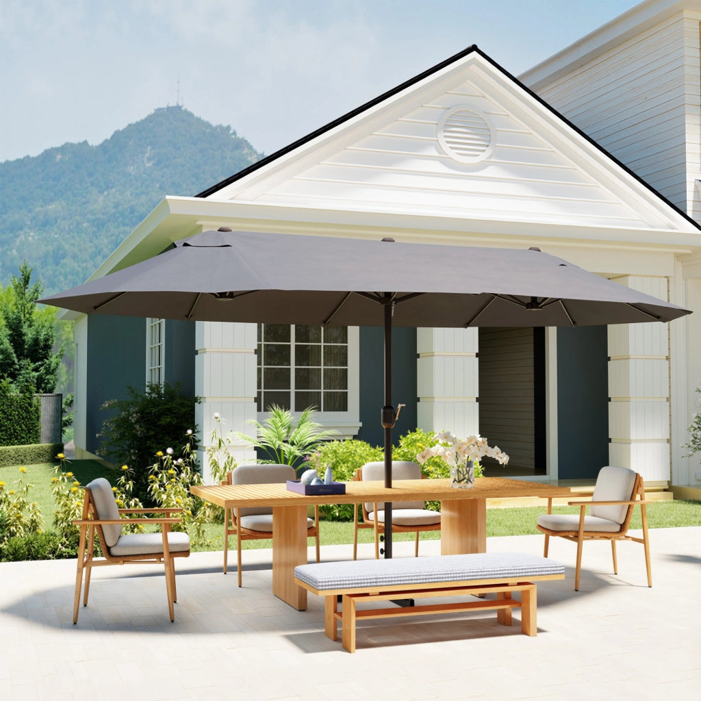 Ombrellone Doppio a 12 Stecche 455x265x238 cm con Base a Croce e Manovella in Acciaio e Poliestere Grigio