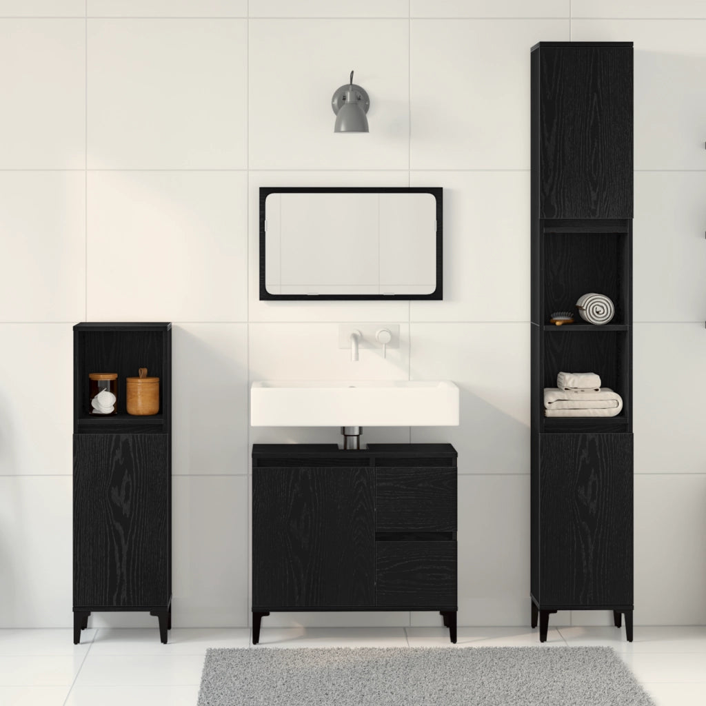 Set di mobili da bagno in 3 pezzi in legno ingegnerizzato rovere nero