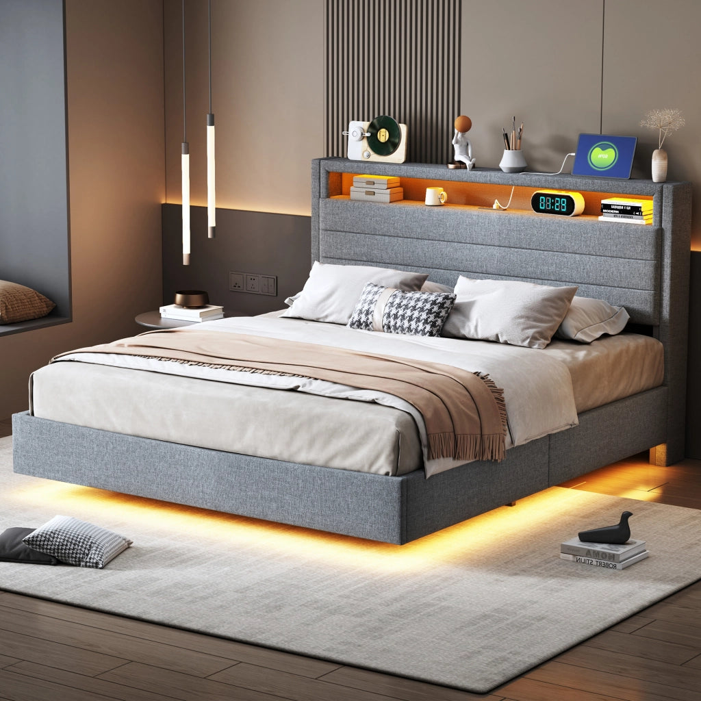 Letto Matrimoniale 140x200 cm; USB e LED; Contenitore Idraulico; in Tessuto Grigio