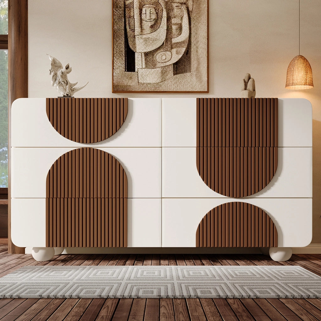 Cassettiera 121x41x71 cm con 6 cassetti; design curvo in MDF e legno bianco