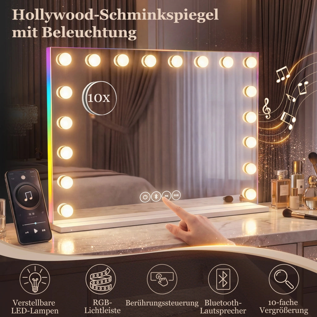 Specchio da Trucco Hollywood con 18 LED Dimmerabili, RGB, Bluetooth, 10x Ingrandimento ¨C Zephmum ¨C Bianco